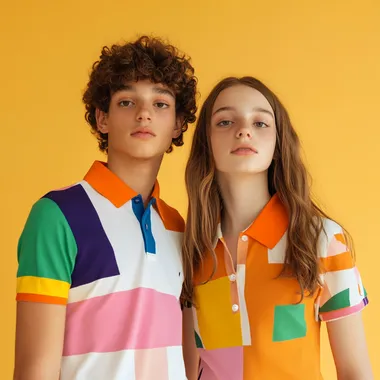 Teenagers in Colorful Polo Shirts Against Light Mango Background