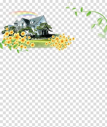 Template Icon, Green leaves and flowers house Rainbow creative transparent background PNG clipart