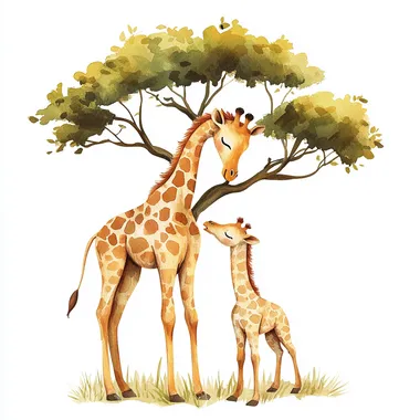 Tender Giraffe Mother and Baby Watercolor Illustration Tender Giraffe Mother and Baby Watercolor Illustration