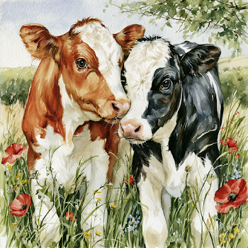 Tender Moments: Young Cows in a Wildflower Meadow