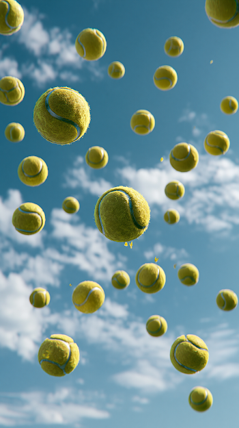 Tennis Balls in Flight Against a Clear Blue Sky