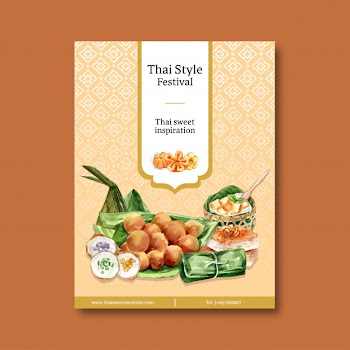 Thai sweet poster design with thai custard, pudding illustration watercolor. Free Vector