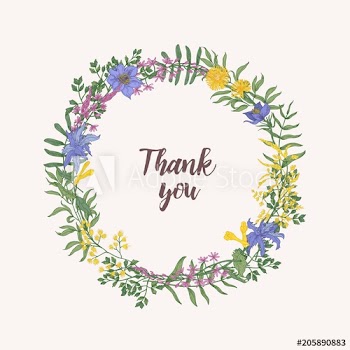 Thank You lettering written with cursive font inside round floral decorative frame or wreath consisted of wild blooming flowers and flowering meadow herbs on white background