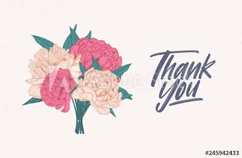 Thank You note template decorated with bouquet of gorgeous blooming peonies