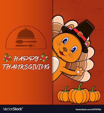thanksgiving card with cat character design happy