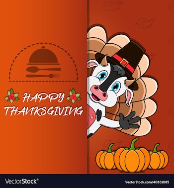 thanksgiving card with cow character design happy