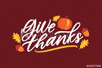 Thanksgiving day greeting card template with Give Thanks message handwritten with elegant cursive font and decorated by squash, fallen autumn leaves and acorns
