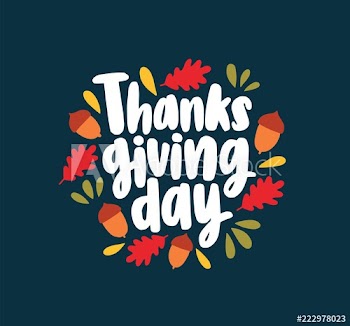 Thanksgiving Day lettering written with elegant cursive calligraphic font and decorated by fallen autumn leaves and acorns