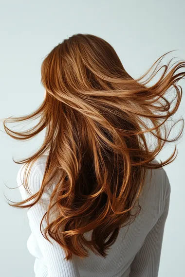 the back of a woman's head with long, wavy hair