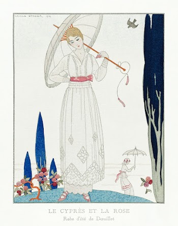 The cypress and the rose: Summer dress by Doeuillet from Gazette du Bon Ton No. 7 Pl. 70 (1914) fashion illustration in high resolution by George Barbier. Original from The Rijksmuseum. Digitally enhanced by rawpixel.