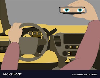 The driver in the car looks in the rear-view vector image