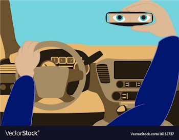 The driver in the car looks in the rear-view vector image