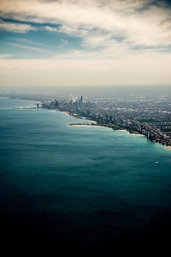 The skyline of Chicago, Illinois, USA, as seen from approach into O'Hare airport. 