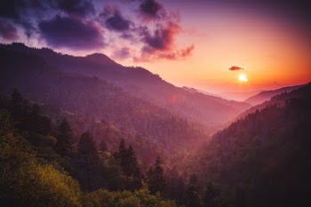 The sun sets on the Great Smoky Mountains near Clingman's Gap, Tennessee, USA.