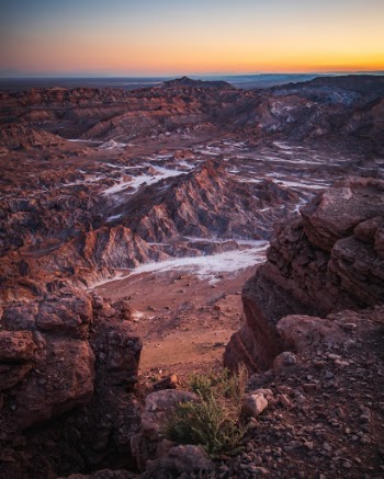 The Valle de la Lune seen from above at dusk in Chile's Atacama desert. 