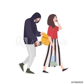 Thief, pickpocket or rubber dressed in hoodie stealing wallet or purse from woman's bag