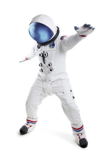 This is a portrait of an astronaut dancing. The background is a pure...