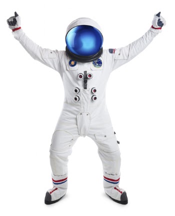 This is a portrait of an astronaut dancing. The background is a pure...