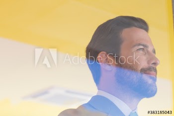 Thoughtful businessman with beard looking out window
