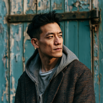Thoughtful Young Asian Man in Urban Setting