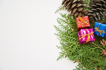 Three Assorted-color Present Boxes on Green Leaves