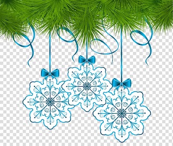 Three blue-and-white snowflakes illustration, Snowflake Christmas , Christmas Pine Decor with Snowflakes Ornaments transparent background PNG clipart