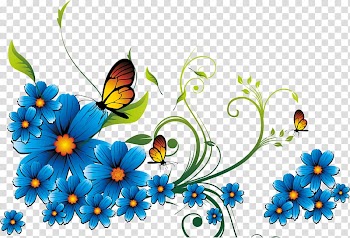 Three brown butterflies beside flowers , Borders and Frames Blue Flower , blue flower transparent background PNG clipart