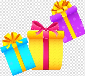 Three cartoon gift boxes transparent background PNG clipart