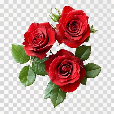 three Fresh red roses with green leaves isolated on white ba