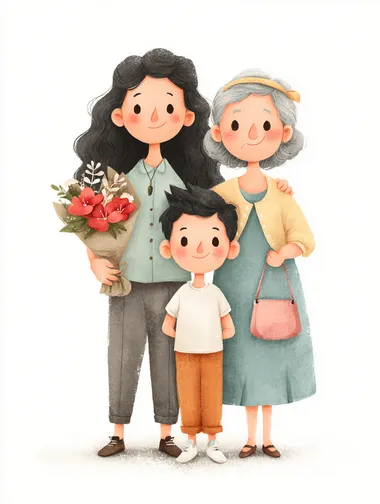 Three Generations of Smiles: Family Cartoon Illustration Three Generations of Smiles: Family Cartoon Illustration
