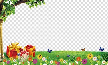 Three gift boxes on green grass near trees , Cartoon background elements transparent background PNG clipart