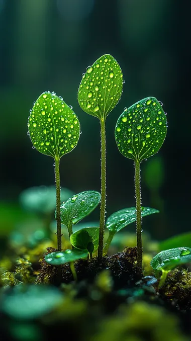 three green plants with water drops on them