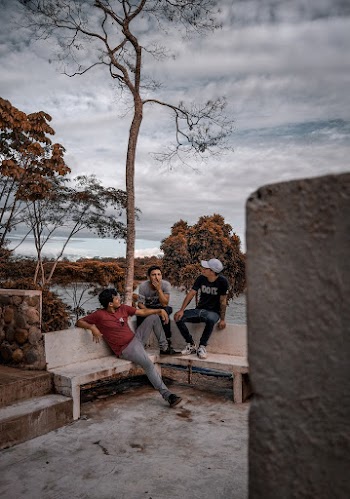 Three Men Sitting on Concrete Bench Beside Bare Tree Under Cloudy Sky