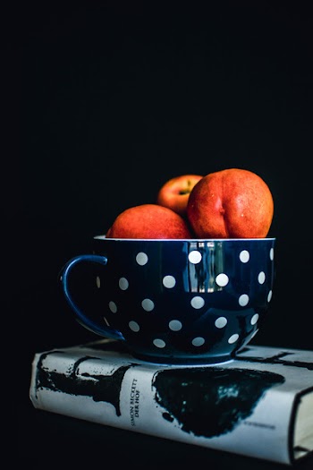 Three Red Apples on White and Black Polka-dot Mug