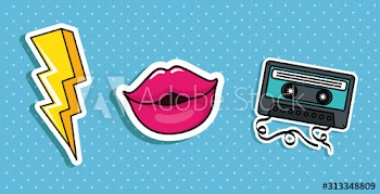 thunderbolt with lips and cassette pop art style icons design