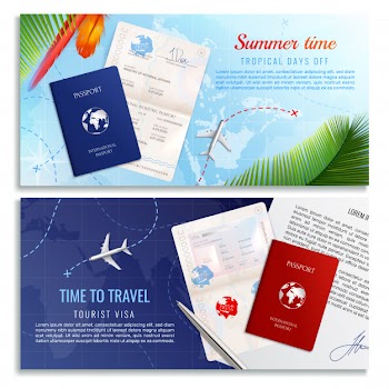 Time to travel realistic banners with mockups of biometric passport  and tourist visa application form realistic Free Vector