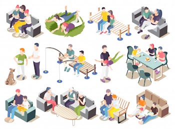 Time together isometric icon set spend time situations with friends family parents and lovers  illustration Free Vector