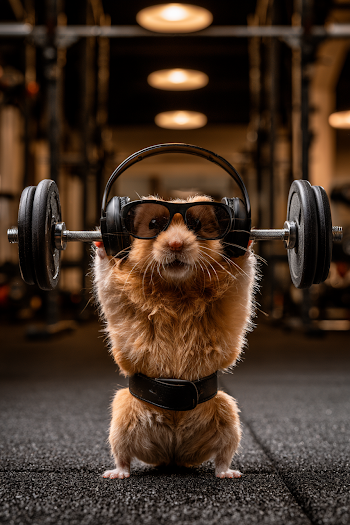Tiny Golden Hamster Weightlifting in Gym