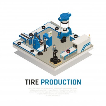 Tire production isometric composition with industrial equipment for manufacturing and maintenance of automobile wheel Free Vector