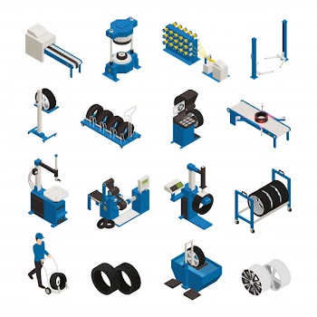 Tire production isometric icons with industrial equipment for manufacturing and maintenance of automobile wheel Free Vector