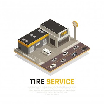 Tire production service isometric  composition with  cars and tyre shop building Free Vector