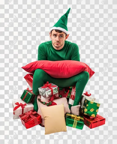 Tired Elf on a Pillow Surrounded by Christmas Gifts