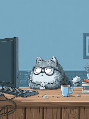 Tired Graphic Designer Cat at the Computer