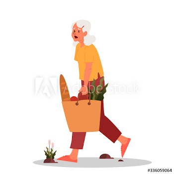 Tired old woman walking with a grocery bag