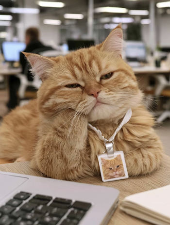 Tired Orange Tabby Cat at Office Desk