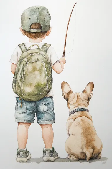 Toddler Boy and French Bulldog Fishing by a Tranquil Lake Toddler Boy and French Bulldog Fishing by a Tranquil Lake