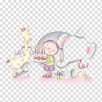 Toddler holding cake beside animals illustration, Birthday cake Happy Birthday to You Illustration, The animals birthday transparent background PNG clipart