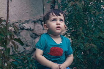 Toddler Wearing Blue and Red Shirt While Standing Near Leafed Plants