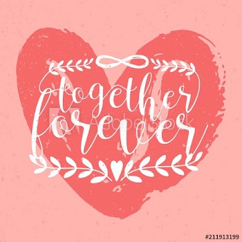 Together Forever inscription, phrase or slogan handwritten with elegant cursive font against pink hand drawn heart on background