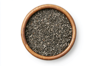 Top-Down View of a Wooden Bowl Filled with Chia Seeds